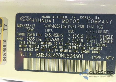 2017 Hyundai Tucson Sport from USA, damaged, VIN KM8J33A20HU508501